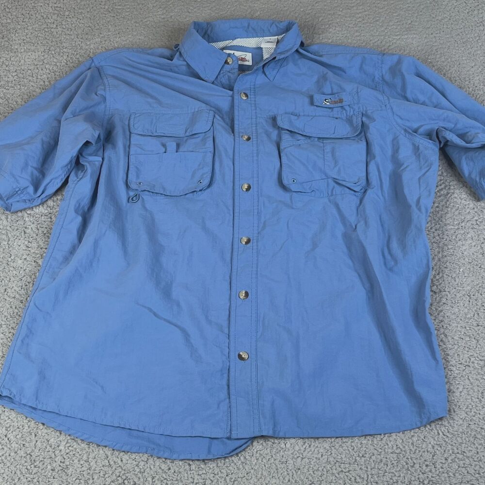 WORLD WIDE SPORTSMAN Shirt Mens L Blue Button Short Sleeve Vented Pocket Outdoor